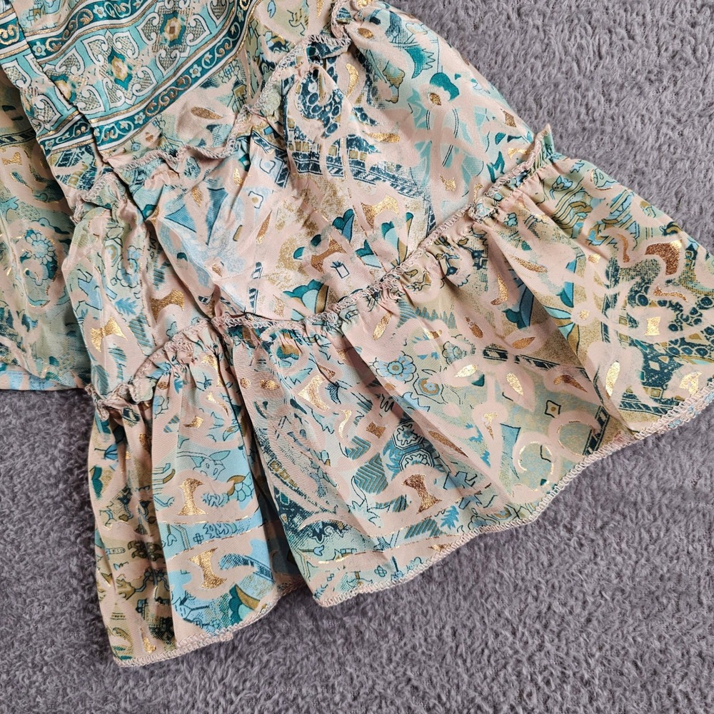Bigg Bull Silk Blend Wrap Top Teal Gold Paisley Ruffle Bell Sleeve Boho Crop - Picture 7 of 7